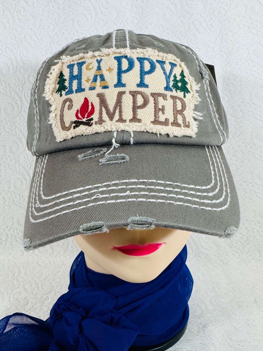 New Happy Camper Distressed Gray Baseball Cap Hat Adjustable back strap